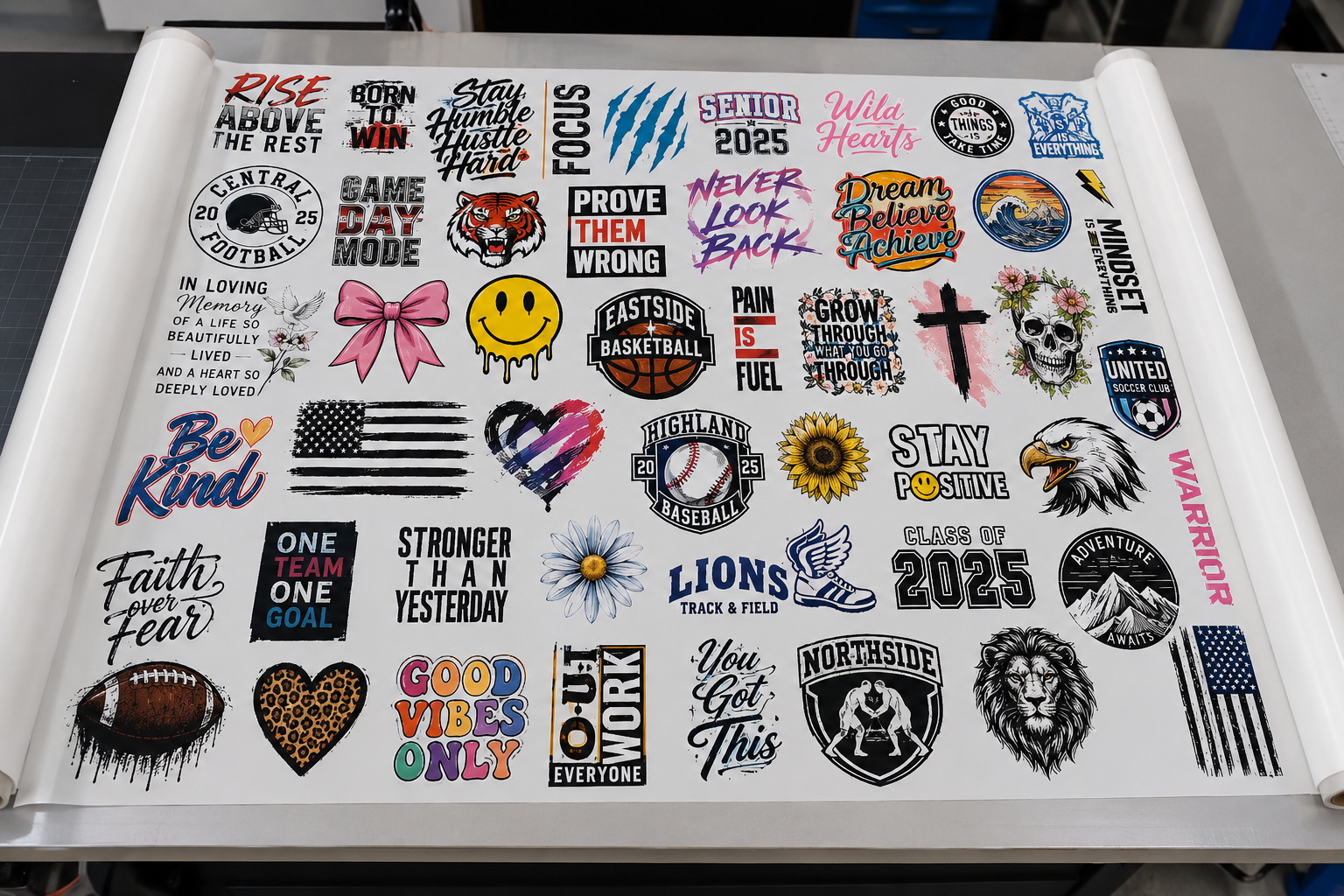 DTF gang sheet filled with multiple ready-to-print apparel designs